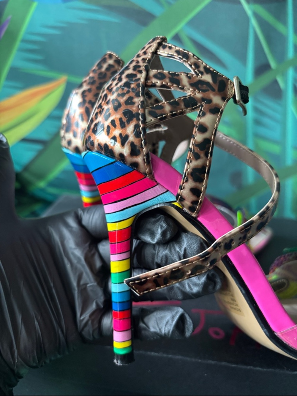 Betsey Johnson Leopard Print Strappy Heels with Rainbow Stripe Heel - Picture 8 of 15